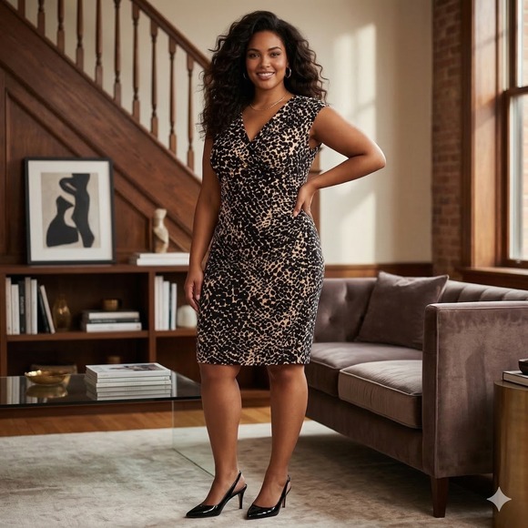 American Living Dresses & Skirts - American Living Women Animal Print Ruched Sheath Faux Wrap Dress 14 Cap Sleeve